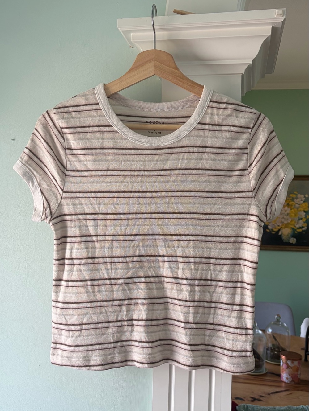 Arizona Jean Company Cream Tee with Brown and Pink Stripes